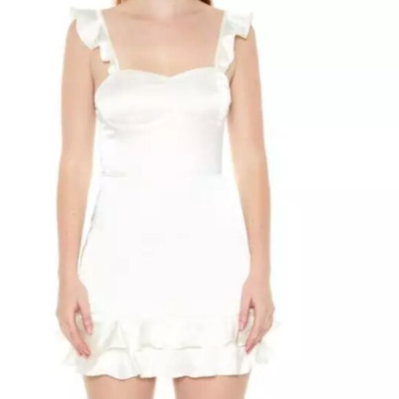 NWT Forever 21 Ruffle Satin Lace-Up Mini Dress Ivory L - Picture 1 of 4
